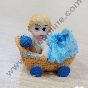 Cake Decor Ceramic Mini Baby Topper for Cake and Cupcake Decoration β Blue Basket Cart Baby Boy