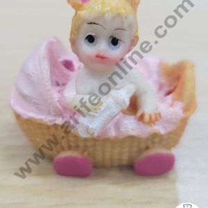 Cake Decor Ceramic Mini Baby Topper for Cake and Cupcake Decoration β Pink Basket Cart Baby Girl