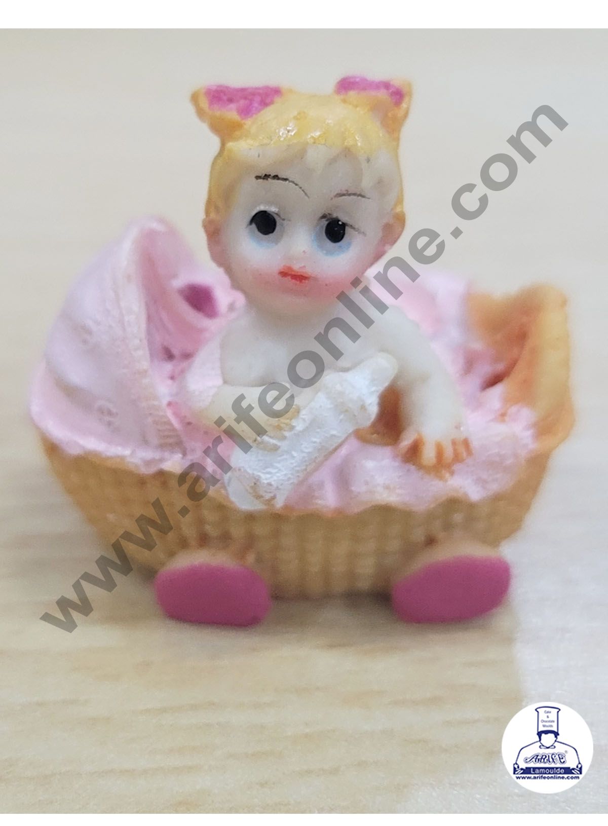Cake Decor Ceramic Mini Baby Topper for Cake and Cupcake Decoration β Pink Basket Cart Baby Girl