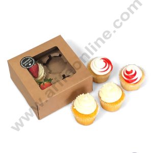 Cake Decor Cupcake Boxes 4 Cavity Clear Window Without Handle , Cupcake Carrier - Brown Kraft ( 10 Pc Pack )