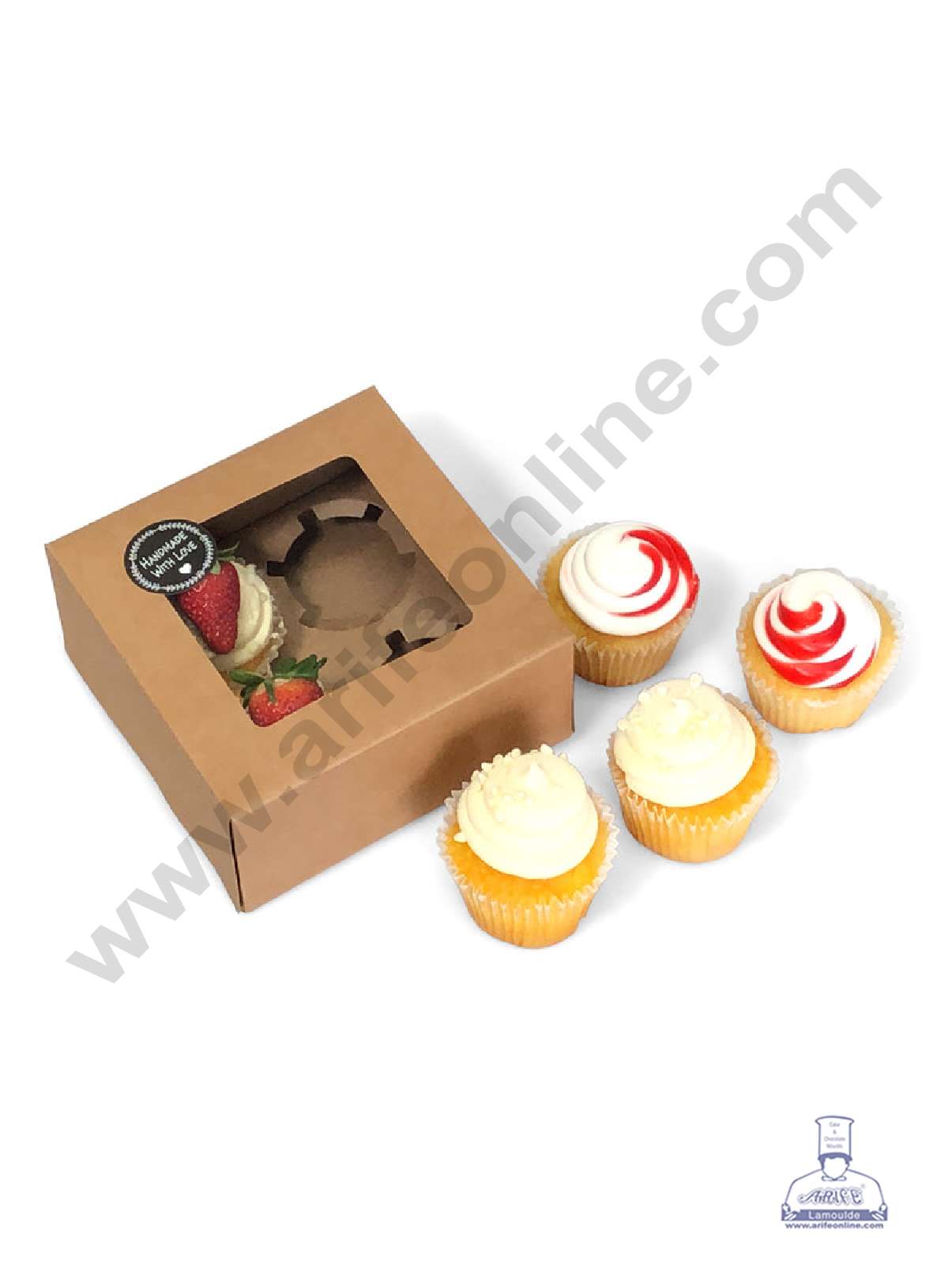 Cake Decor Cupcake Boxes 4 Cavity Clear Window Without Handle , Cupcake Carrier - Brown Kraft ( 10 Pc Pack )