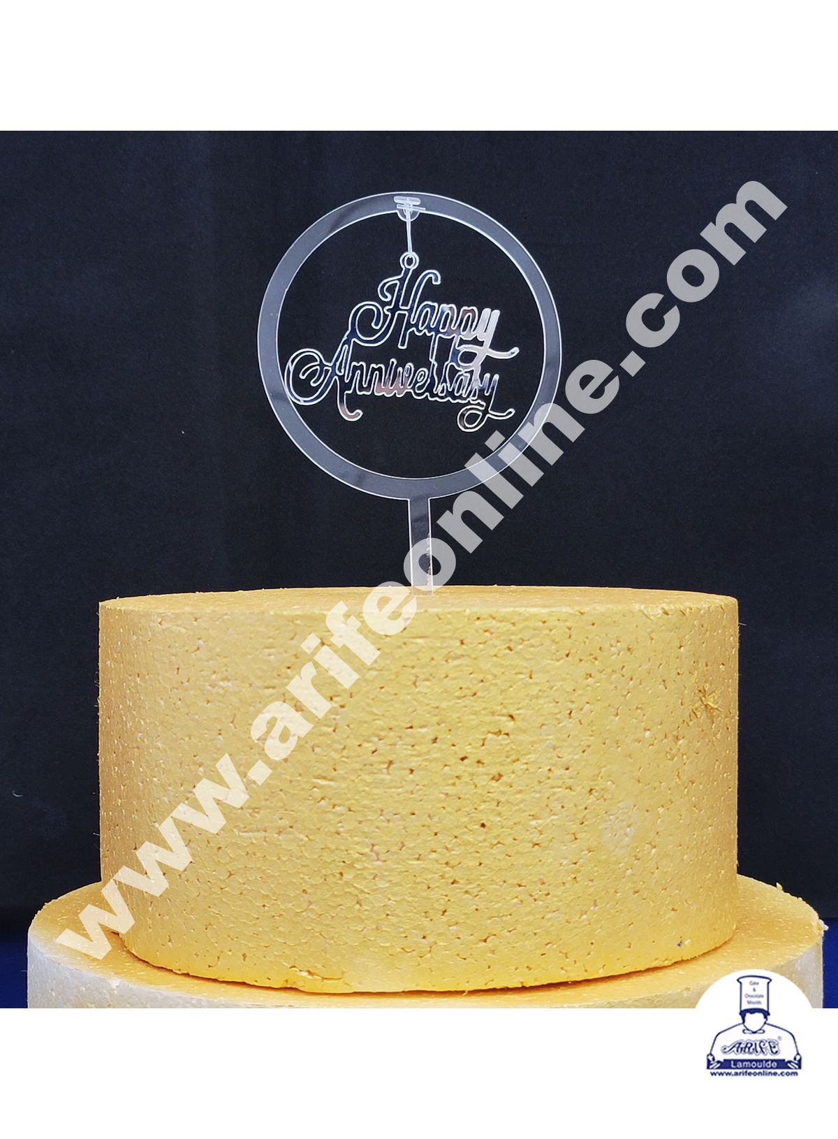 Cake Decor Exclusive Acrylic Hanging Cake Topper - Silver Happy Anniversary Round