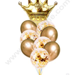 Cake Decor™ Golden Crown Shape Foil Balloons , Golden  Balloons with Golden Colored Pre-filled Confetti Balloons ( Pack of 10 Pcs )
