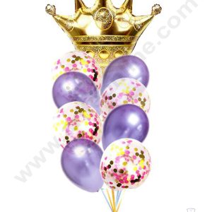 Cake Decor™ Golden Crown Shape Foil Balloons , Purple Balloons with Purple Colored Pre-filled Confetti Balloons ( Pack of 10 Pcs )
