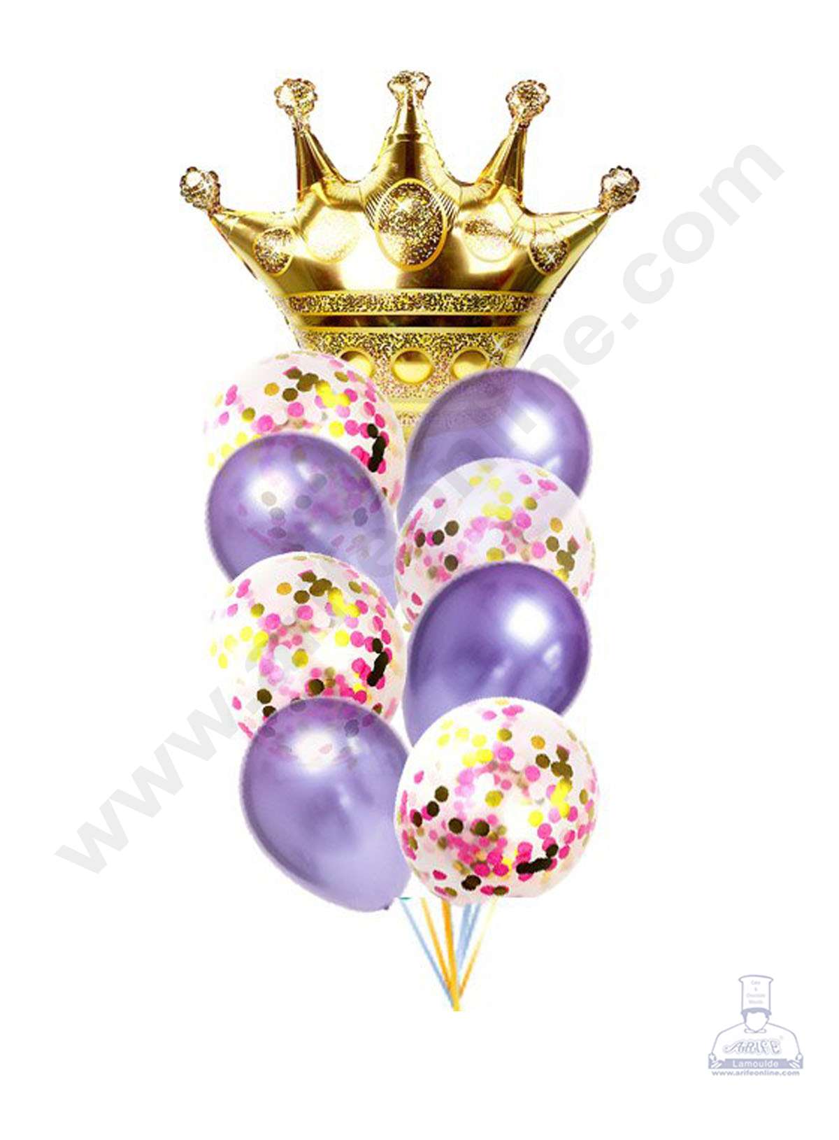 Cake Decorβ’ Golden Crown Shape Foil Balloons , Purple Balloons with Purple Colored Pre-filled Confetti Balloons ( Pack of 10 Pcs )