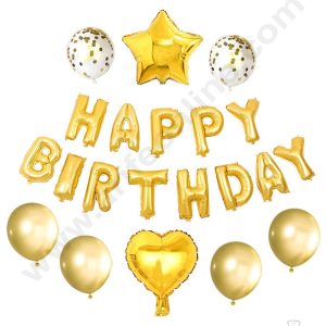 Cake Decor™ Golden HAPPY BIRTHDAY Foil Banners with Star Foil Balloons and Golden Confetti Balloons Set For Party Balloon Decoration (Pack of 21 pc )