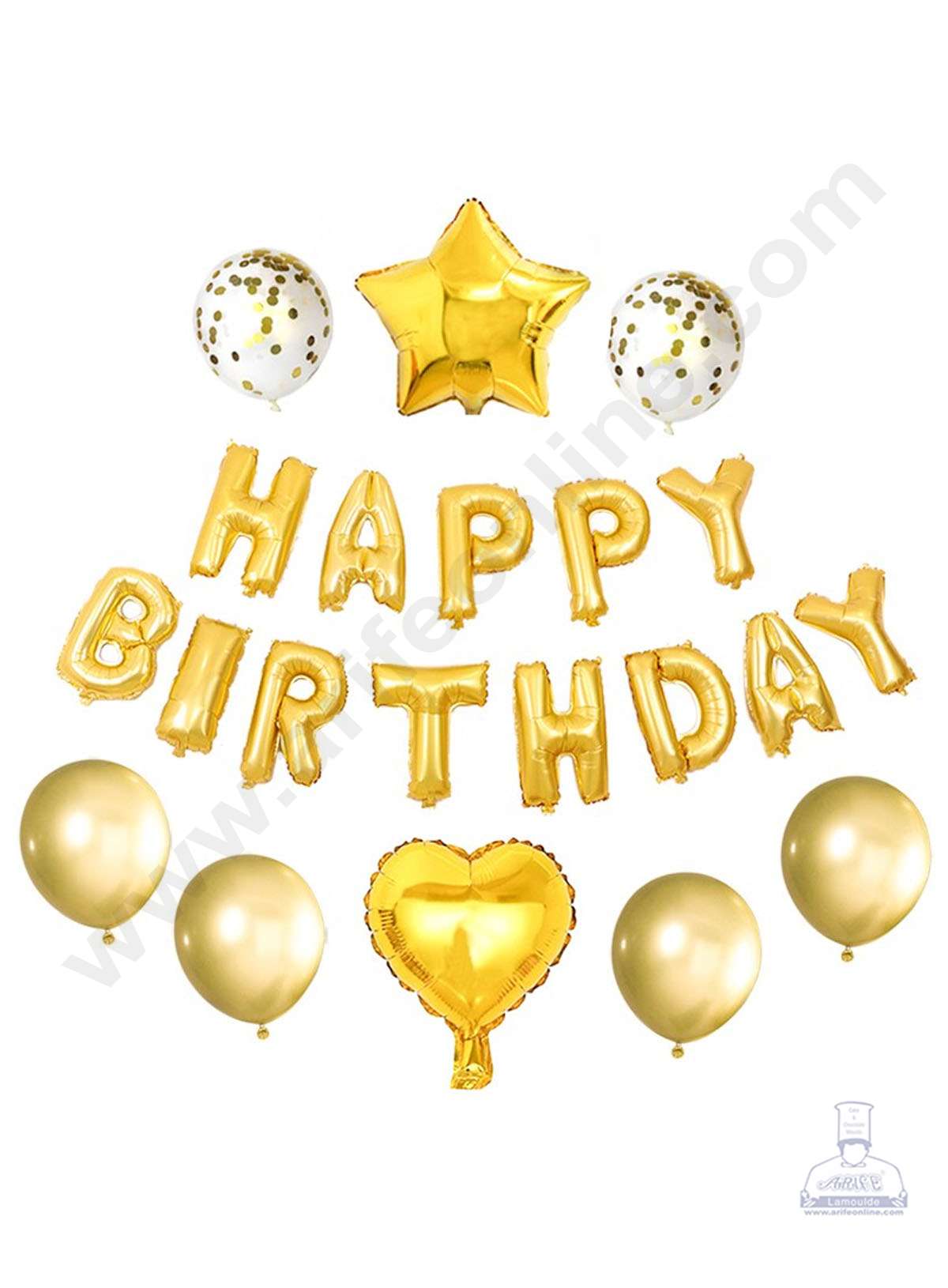 Cake Decorβ’ Golden HAPPY BIRTHDAY Foil Banners with Star Foil Balloons and Golden Confetti Balloons Set For Party Balloon Decoration (Pack of 21 pc )