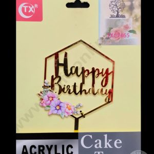 Cake Decor Imported Mirror Acrylic Cake Topper - Happy Birthday Hexagon Floral (SBMT-5032)