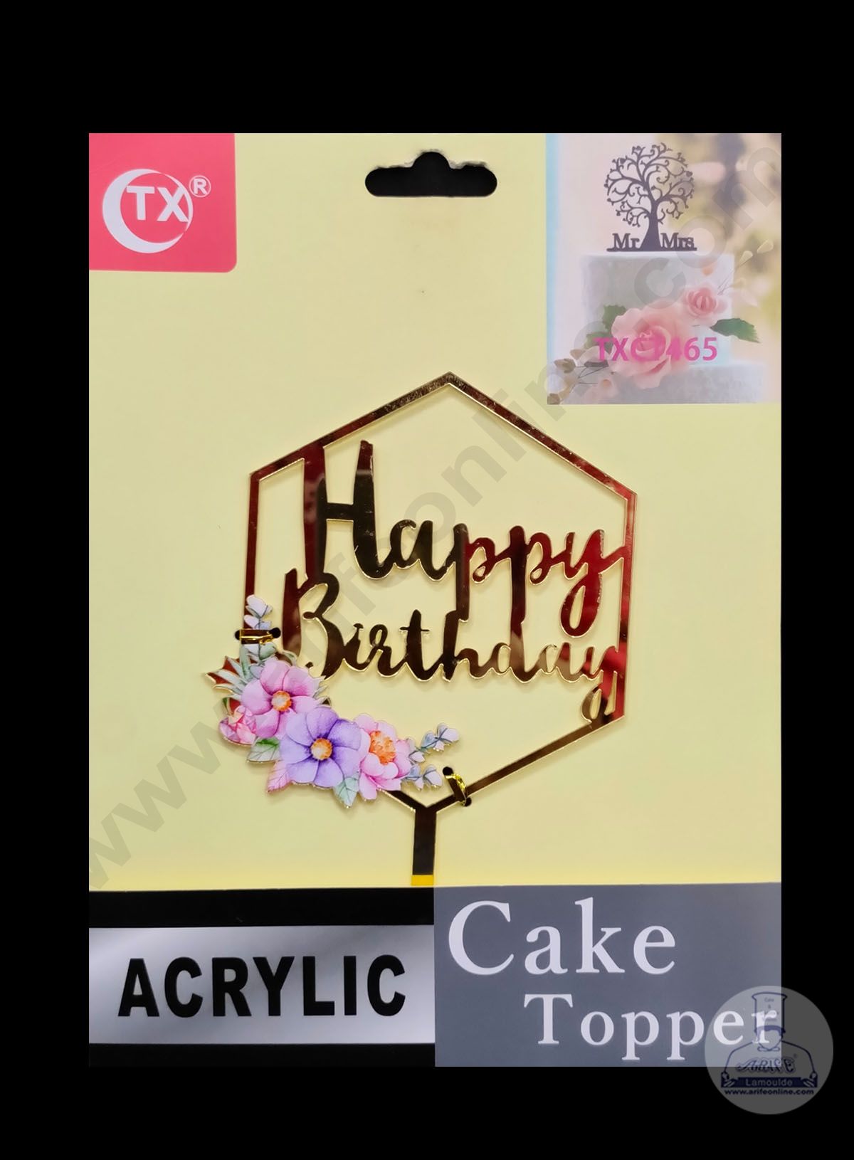 Cake Decor Imported Mirror Acrylic Cake Topper - Happy Birthday Hexagon Floral (SBMT-5032)