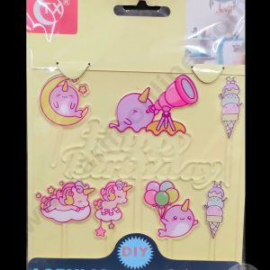 Cake Decor Imported Mirror Acrylic Cake and Cupcake Topper - 7 pcs Happy Birthday Small Unicorn Theme (SBMT-5047)