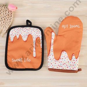 Cake Decor Letter Print Oven Glove 1pc & 1pc Pad (Multi Color)