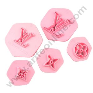 Cake Decor Plastic LV Logo Shape Embosser Fondant Quilt Biscuit Mold Cookie Cutter For Cupcake Decoration And Cake Decorating Tools(5 Pcs Set)