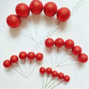 Cake Decor Red Glitter Faux Ball Toppers For Cake and Cupcake Decoration - (20pcs Pack)