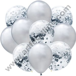 Cake Decor Silver Balloons with Confetti Balloons Set ( Pack of 10 Pcs )
