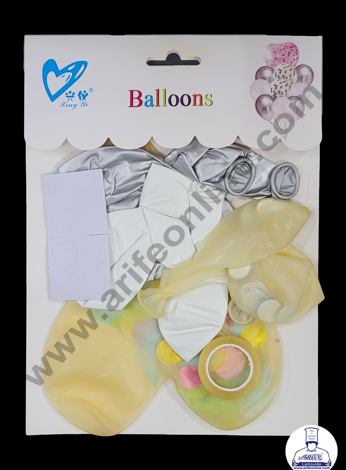 Cake Decor Silver White Balloons with Heart Round Confetti Balloons Set ( Pack of 10 Pcs )