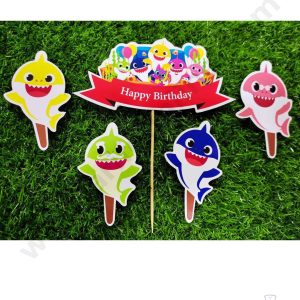 Cake Decor™ 5 pcs Happy Birthday Baby Shark Theme Paper Topper For Cake And Cupcake SBMT-PT-058