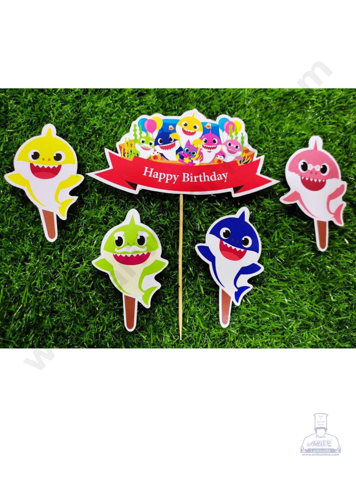 Cake Decor™ 5 pcs Happy Birthday Baby Shark Theme Paper Topper For Cake And Cupcake SBMT-PT-058