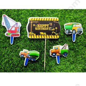 Cake Decor™ 5 pcs Happy Birthday Construction Theme Paper Topper For Cake And Cupcake SBMT-PT-064