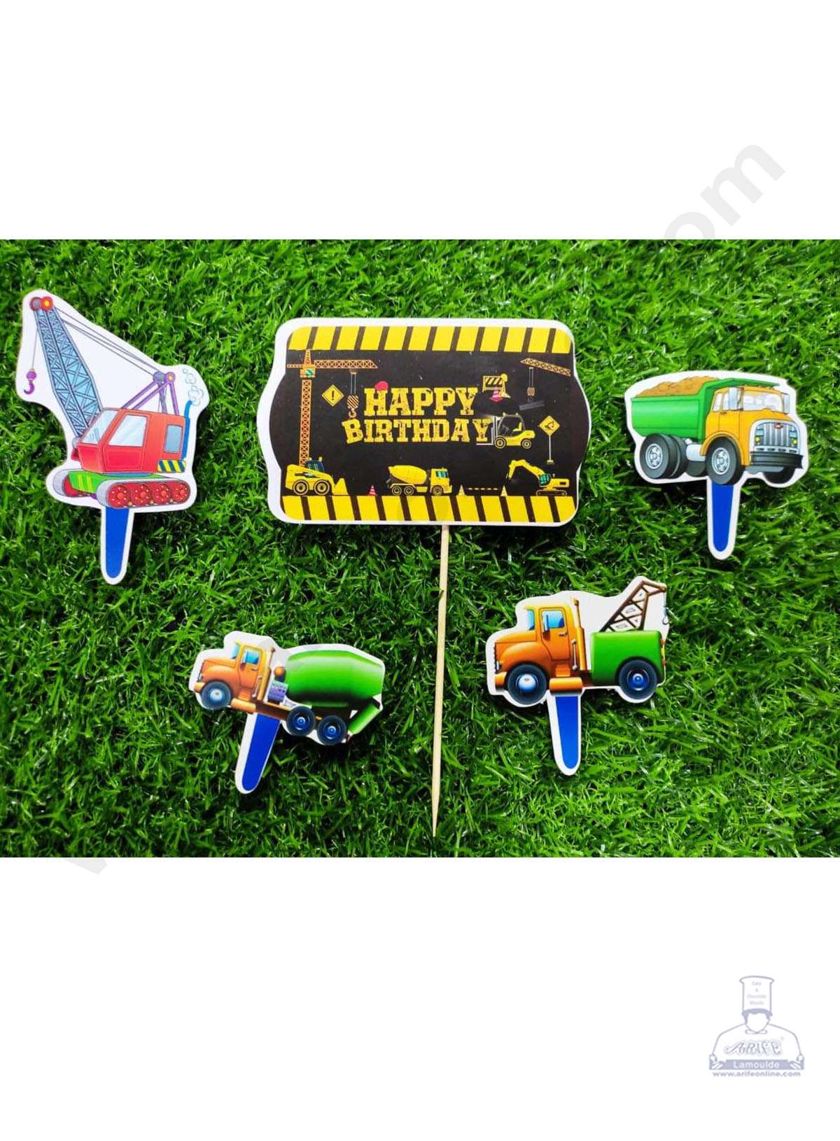 Cake Decor™ 5 pcs Happy Birthday Construction Theme Paper Topper For Cake And Cupcake SBMT-PT-064