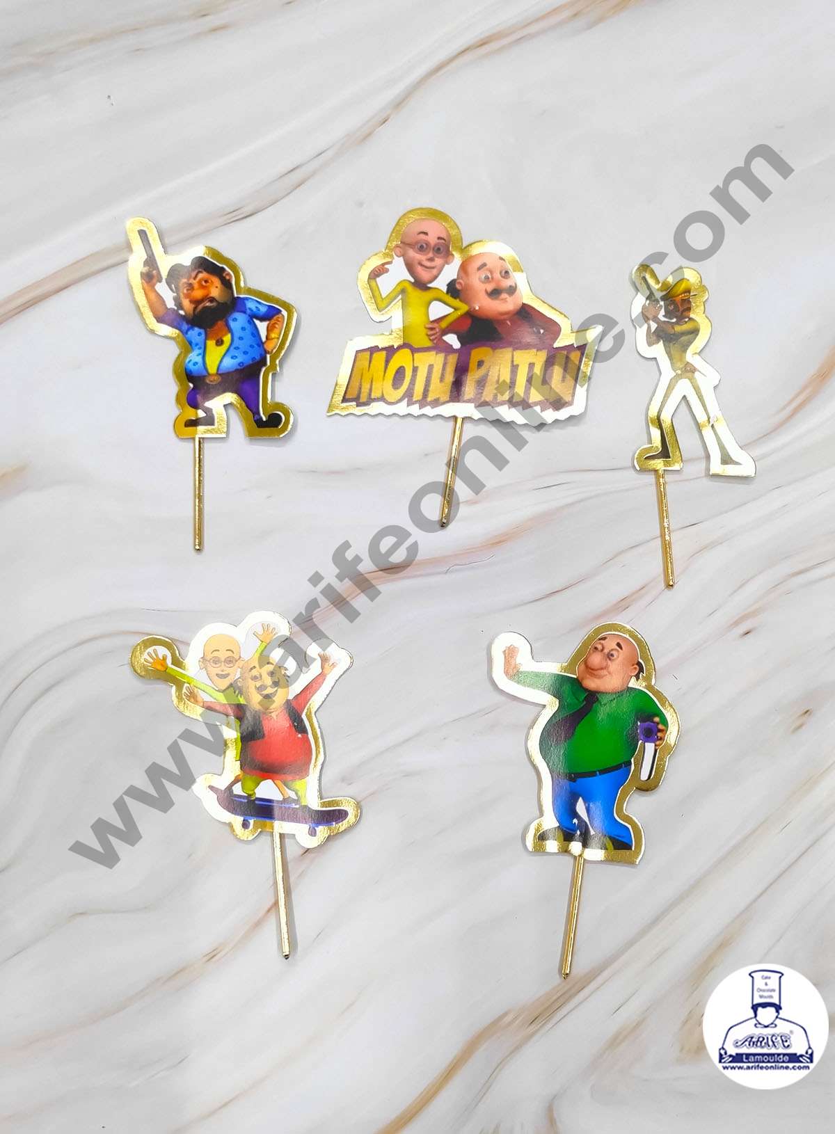Cake Decor™ 5 pcs Motu Patlu with Golden Border Paper Topper For Cake And Cupcake SBMT-PT-087