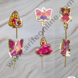 Cake Decor™ 6 pcs Barbie with Golden Border Paper Topper For Cake And Cupcake SBMT-PT-088