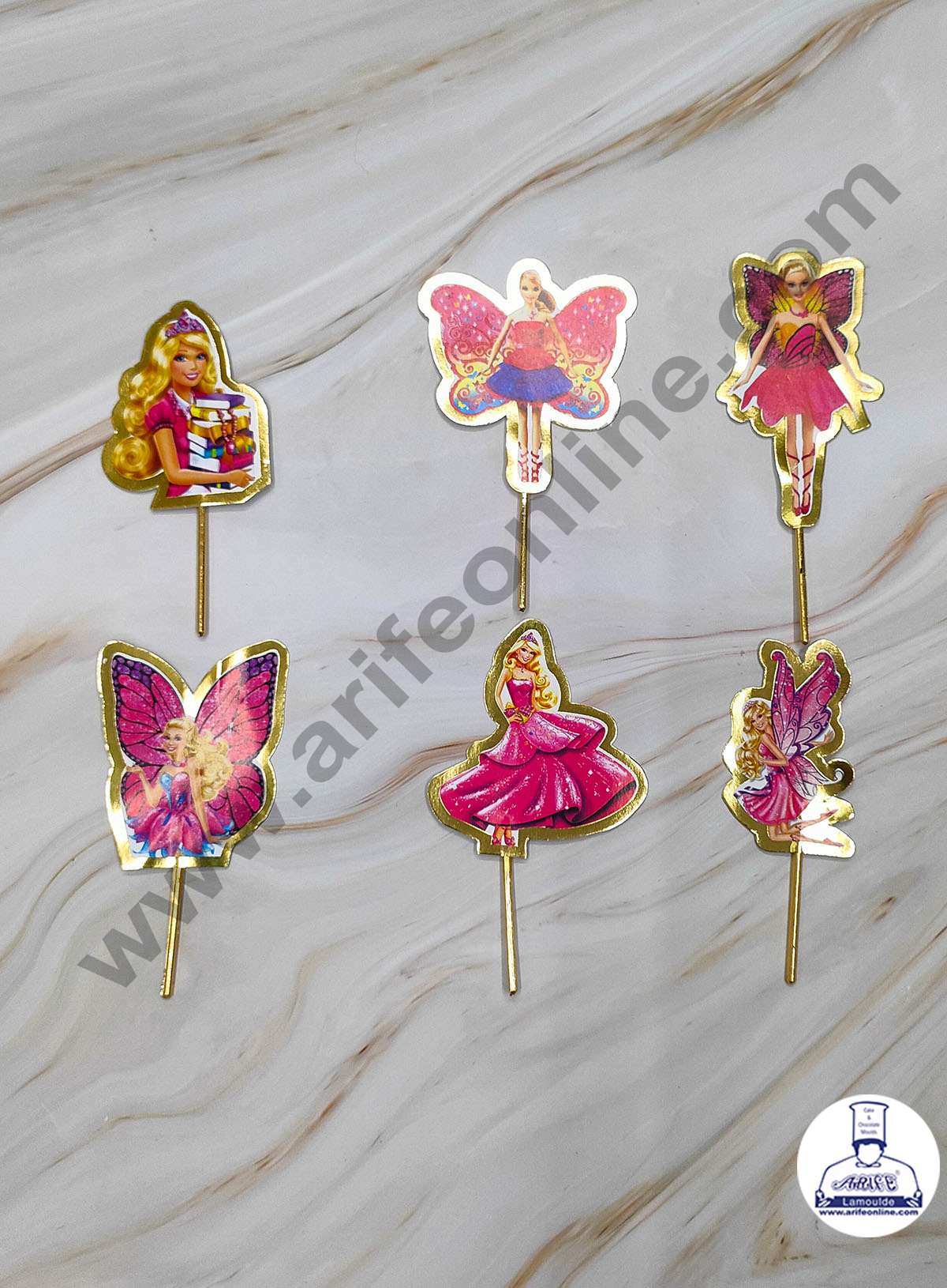 Cake Decor™ 6 pcs Barbie with Golden Border Paper Topper For Cake And Cupcake SBMT-PT-088