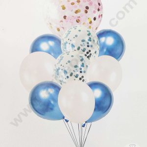 Cake Decor™ Blue White Balloons with Heart Round Confetti Balloons Set ( Pack of 10 Pcs )