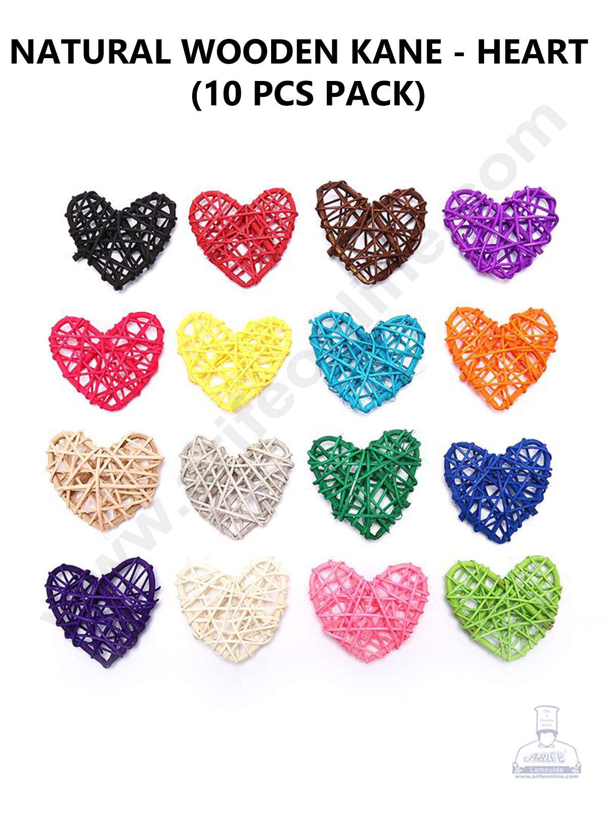 Cake Decor™ Heart Shape Natural Wooden Kane Rattan For Decoration – Multi Color( 10 pc pack )