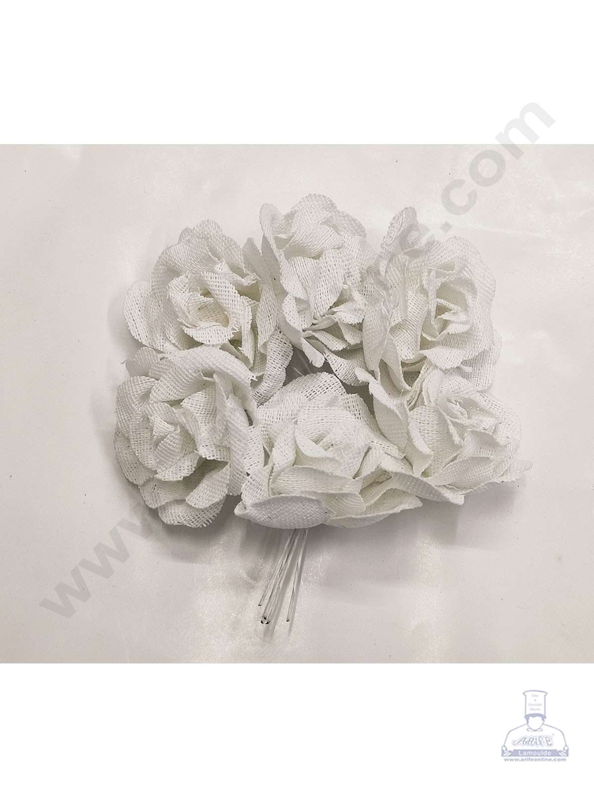 Cake Decor™ Medium Jute Rose Artificial Flower Bunch For Cake Decoration – White( 1 Bunch )