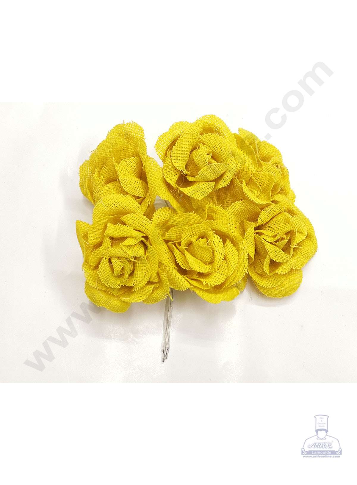 Cake Decor™ Medium Jute Rose Artificial Flower Bunch For Cake Decoration – Yellow( 1 Bunch )
