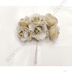 Cake Decor™ Medium Jute Rose With Net Artificial Flower Bunch For Cake Decoration – Cream( 1 Bunch )