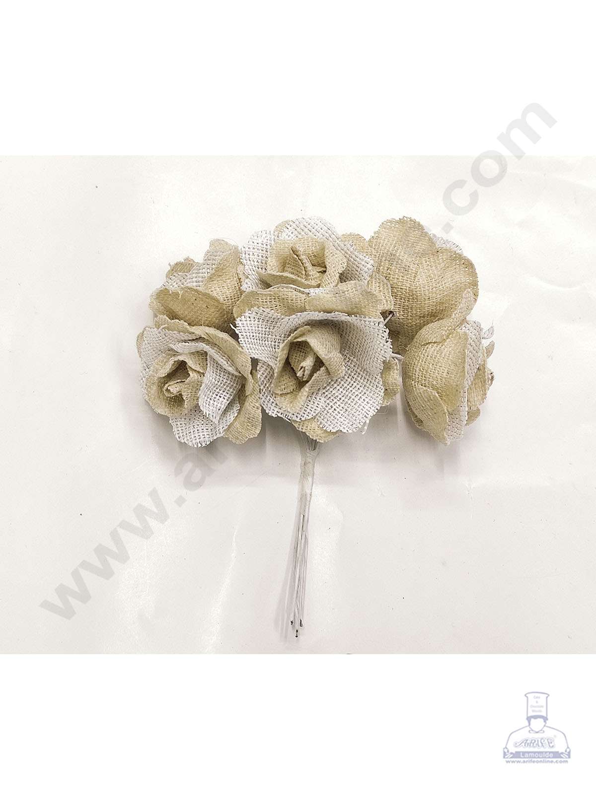 Cake Decor™ Medium Jute Rose With Net Artificial Flower Bunch For Cake Decoration – Cream( 1 Bunch )