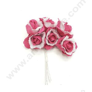Cake Decor™ Medium Jute Rose With Net Artificial Flower Bunch For Cake Decoration – Pink( 1 Bunch )