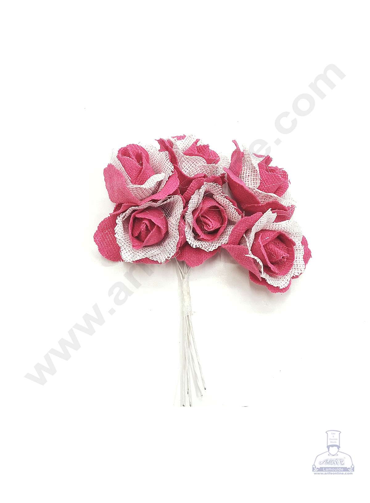 Cake Decor™ Medium Jute Rose With Net Artificial Flower Bunch For Cake Decoration – Pink( 1 Bunch )