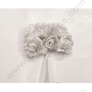 Cake Decor™ Medium Jute Rose With Net Artificial Flower Bunch For Cake Decoration – White( 1 Bunch )