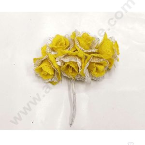 Cake Decor™ Medium Jute Rose With Net Artificial Flower Bunch For Cake Decoration – Yellow( 1 Bunch )