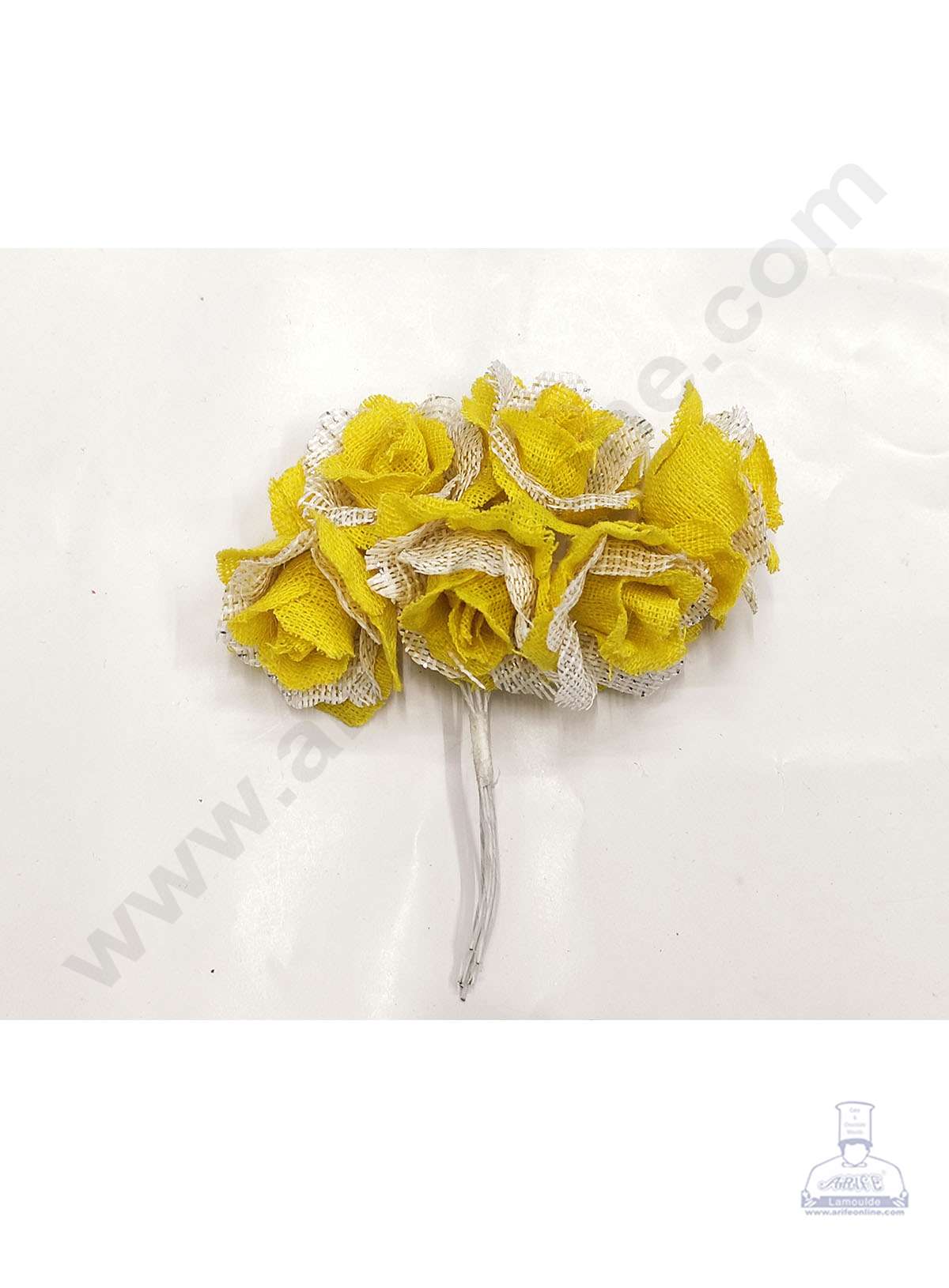 Cake Decor™ Medium Jute Rose With Net Artificial Flower Bunch For Cake Decoration – Yellow( 1 Bunch )