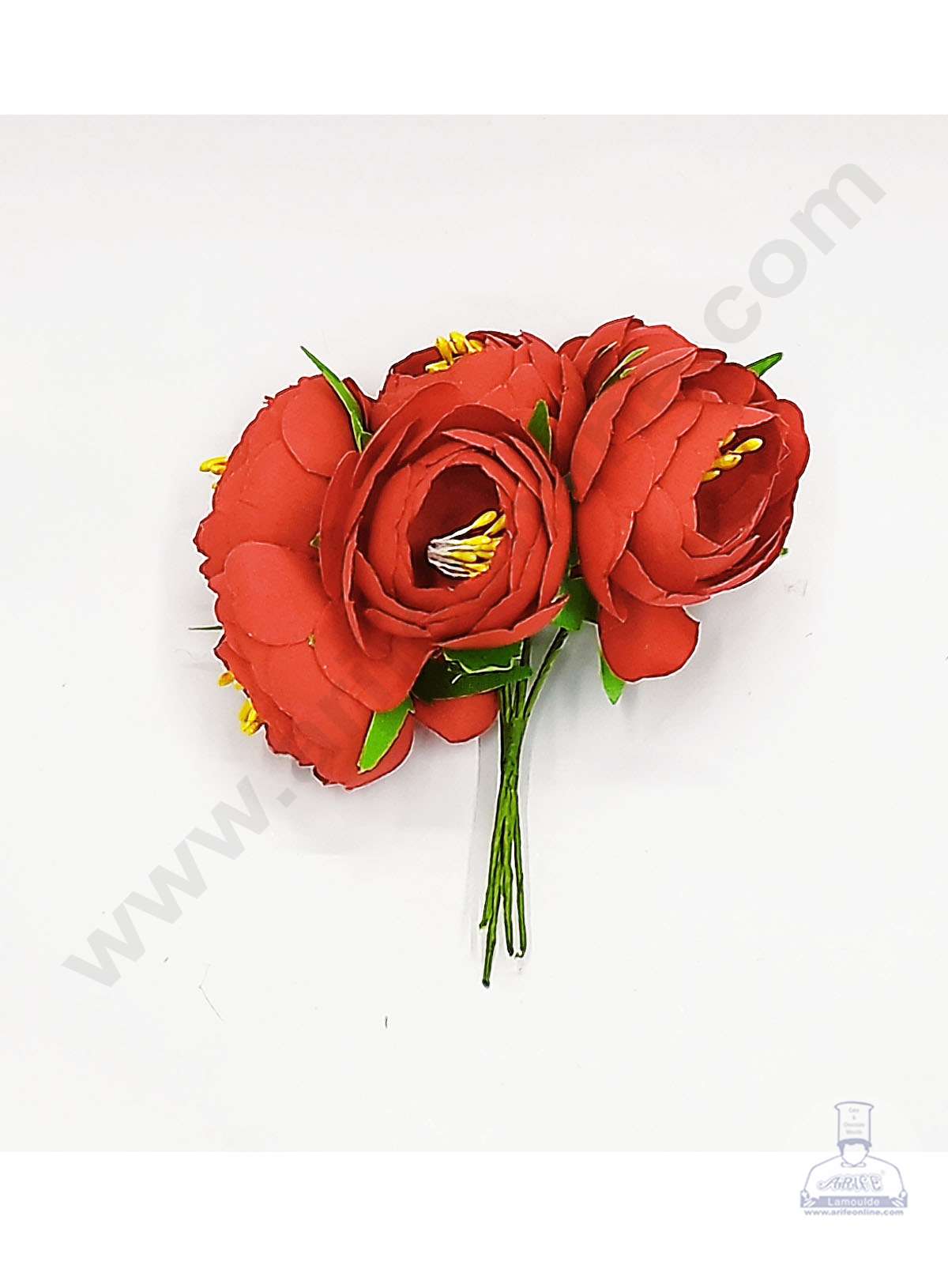 Cake Decor™ Medium Peony Artificial Flower Bunch For Cake Decoration – Red( 1 Bunch )