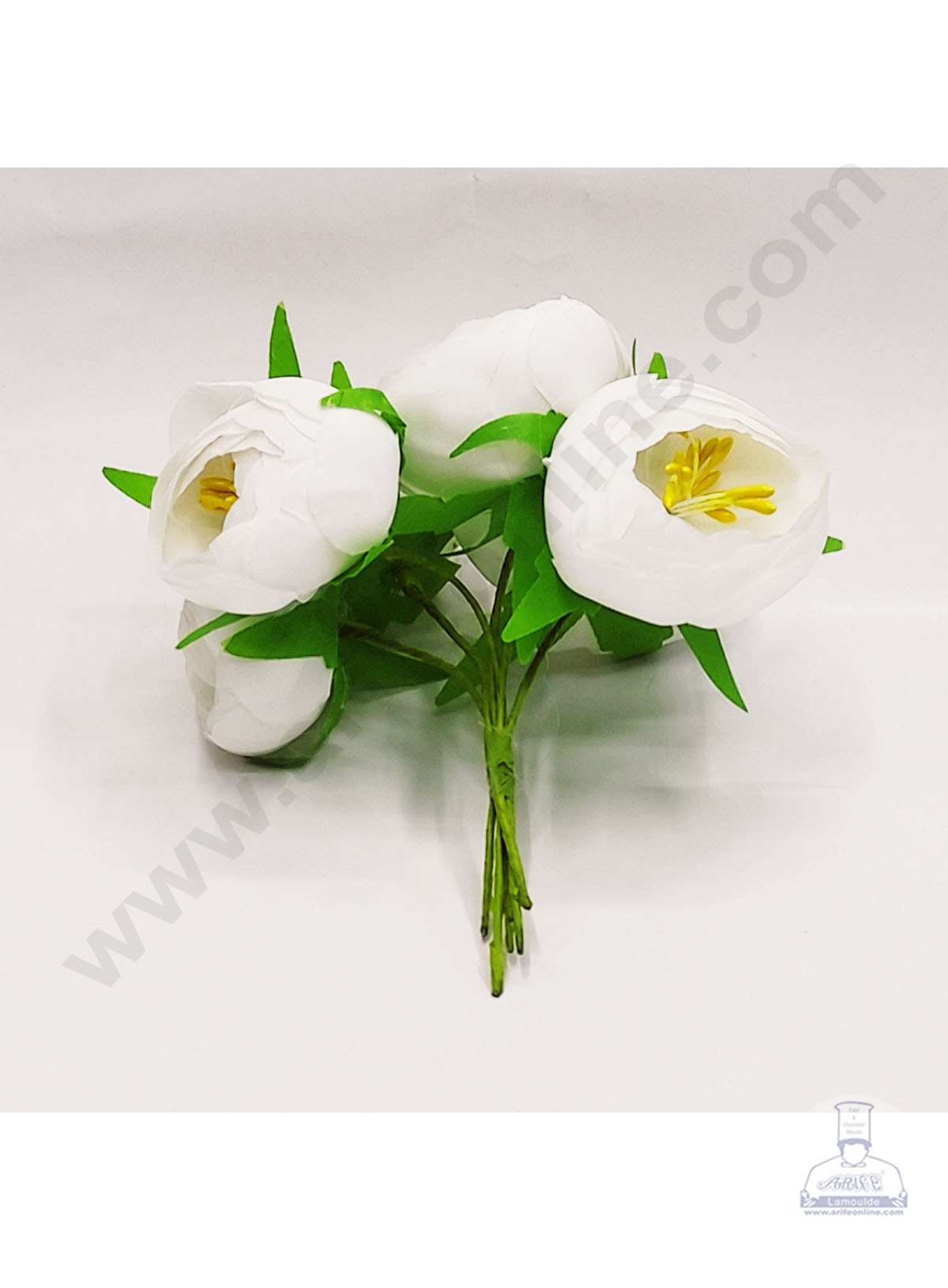 Cake Decor™ Medium Peony Artificial Flower Bunch For Cake Decoration – White( 1 Bunch )