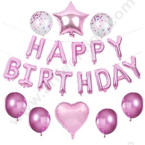 Cake Decor™ Pink HAPPY BIRTHDAY Foil Banners with Star Foil Balloons and Pink Confetti Balloons Set For Party Balloon Decoration (Pack of 21 pc )