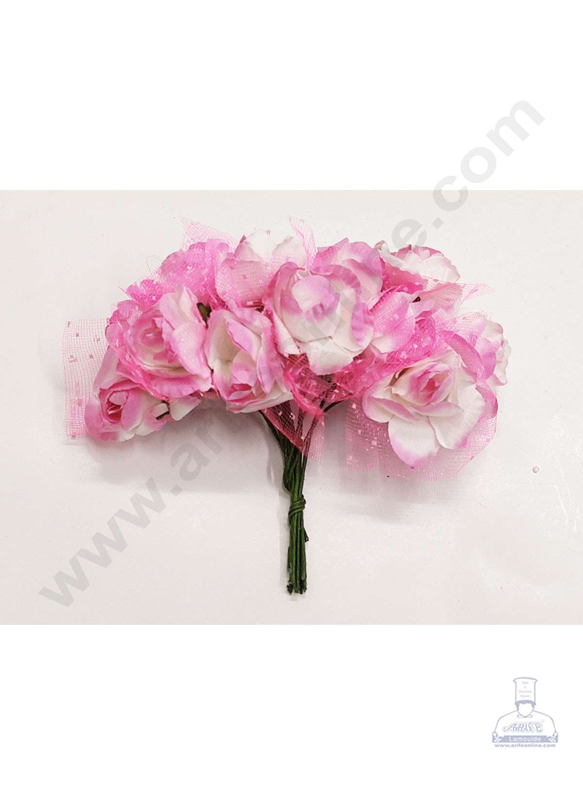 Cake Decor™ Small Rose Artificial Flower Bunch For Cake Decoration – White Pink ( 1 Bunch )