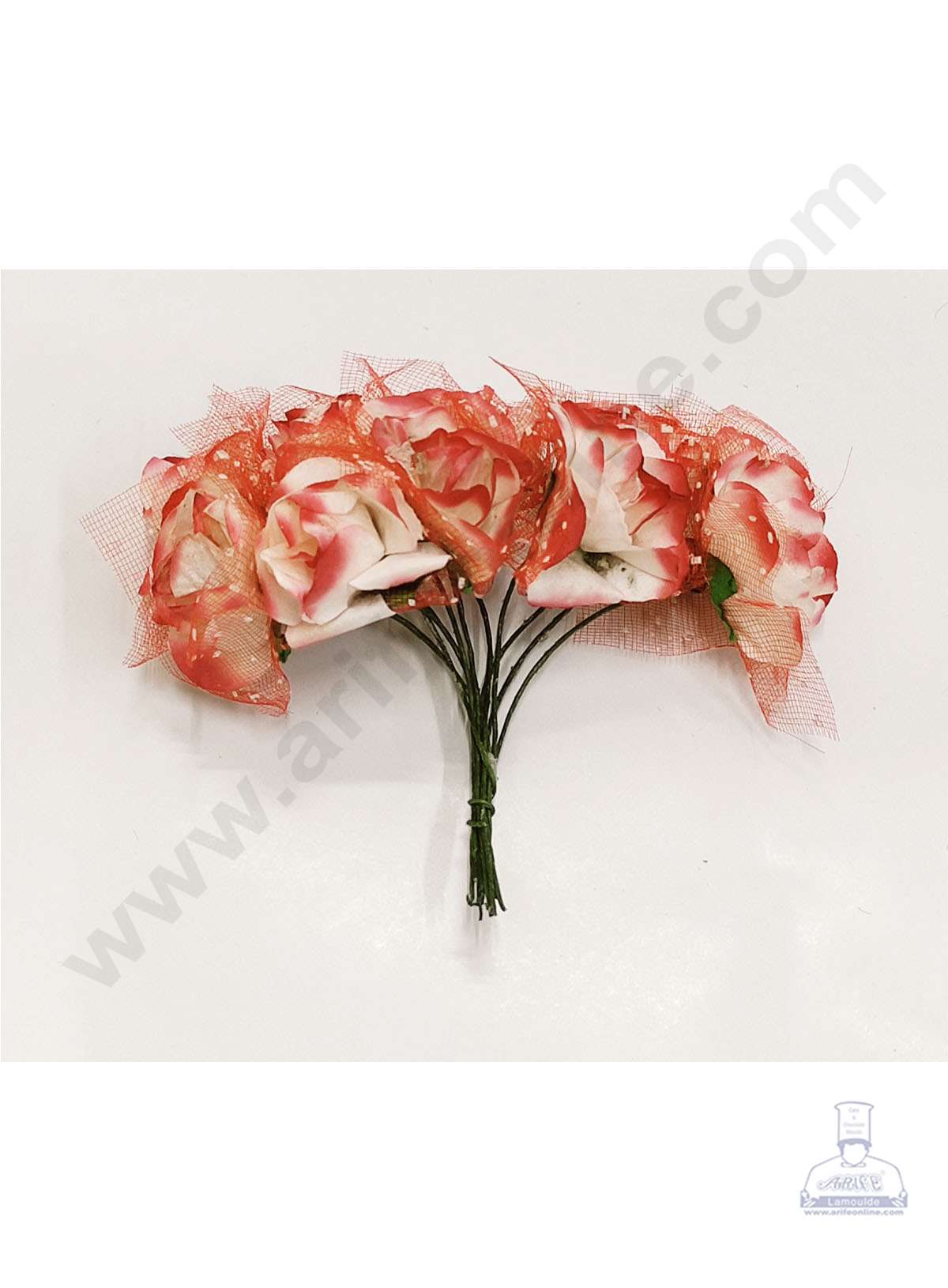Cake Decor™ Small Rose Artificial Flower Bunch For Cake Decoration – White Red ( 1 Bunch )