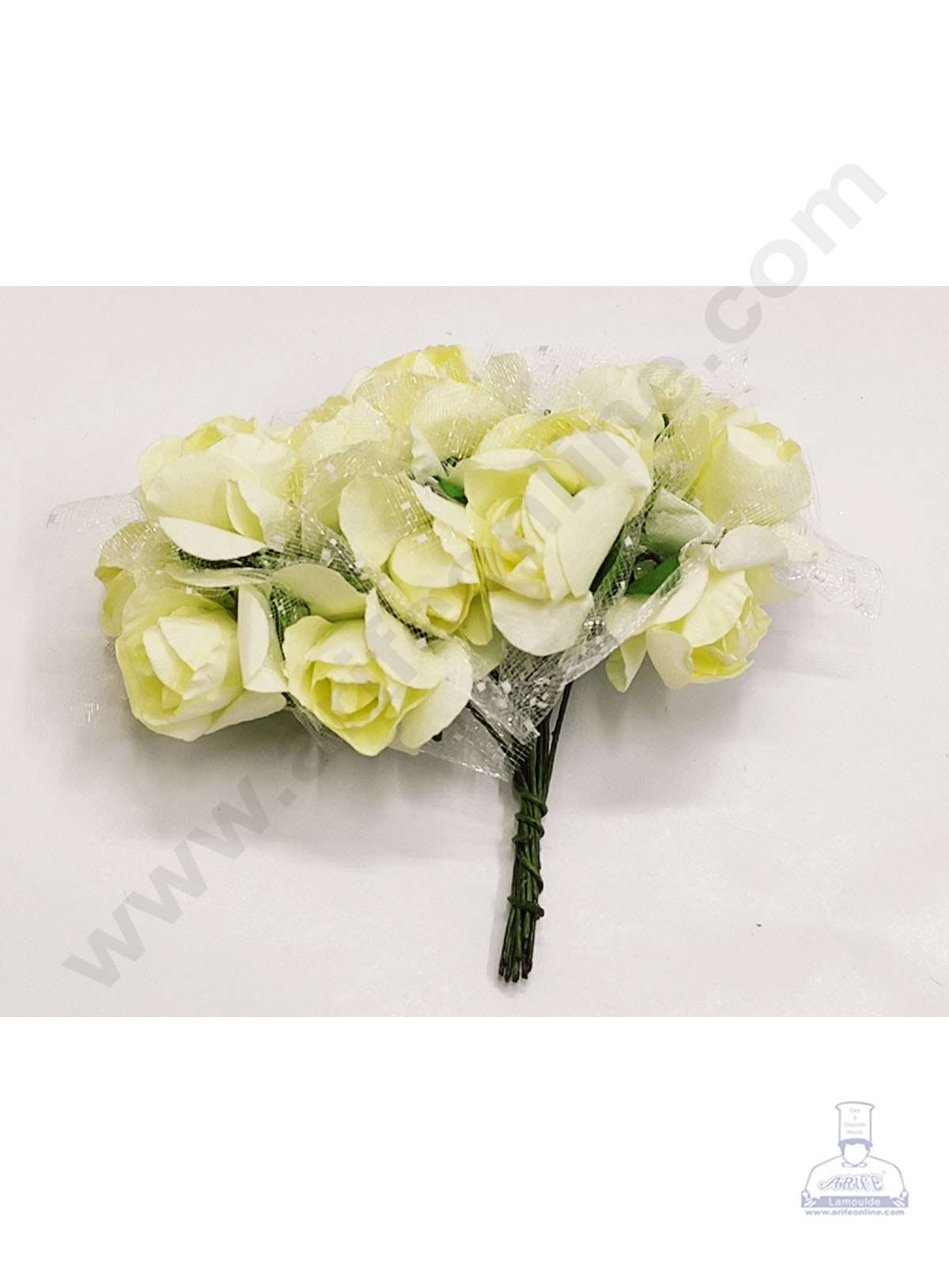 Cake Decor™ Small Rose Artificial Flower Bunch For Cake Decoration – White Yellow ( 1 Bunch )