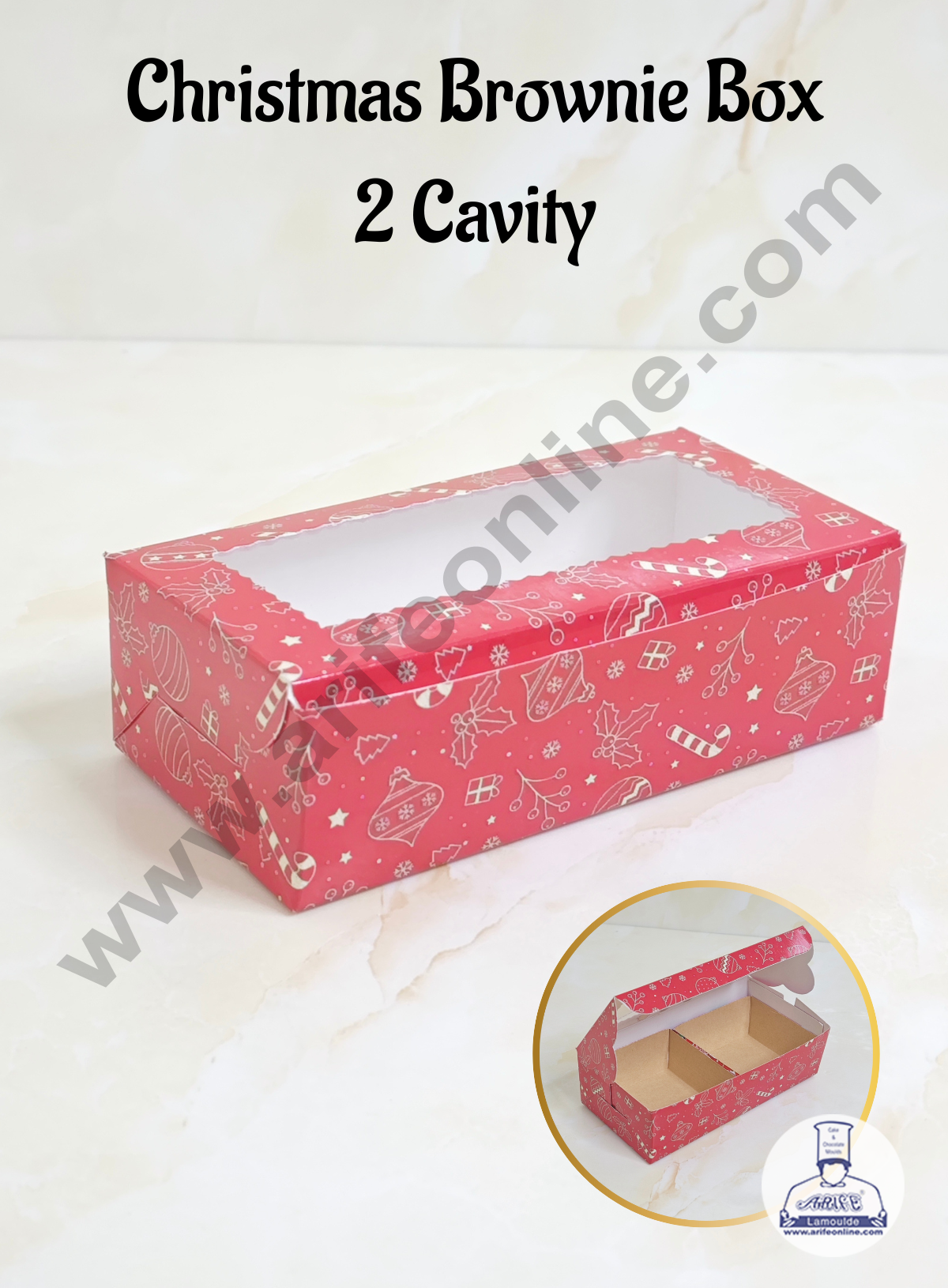 CAKE DECOR™ 2 Cavity Brownie Boxes with Clear Window Christmas Theme - Red | Brownie Carriers - 10 Pcs Pack