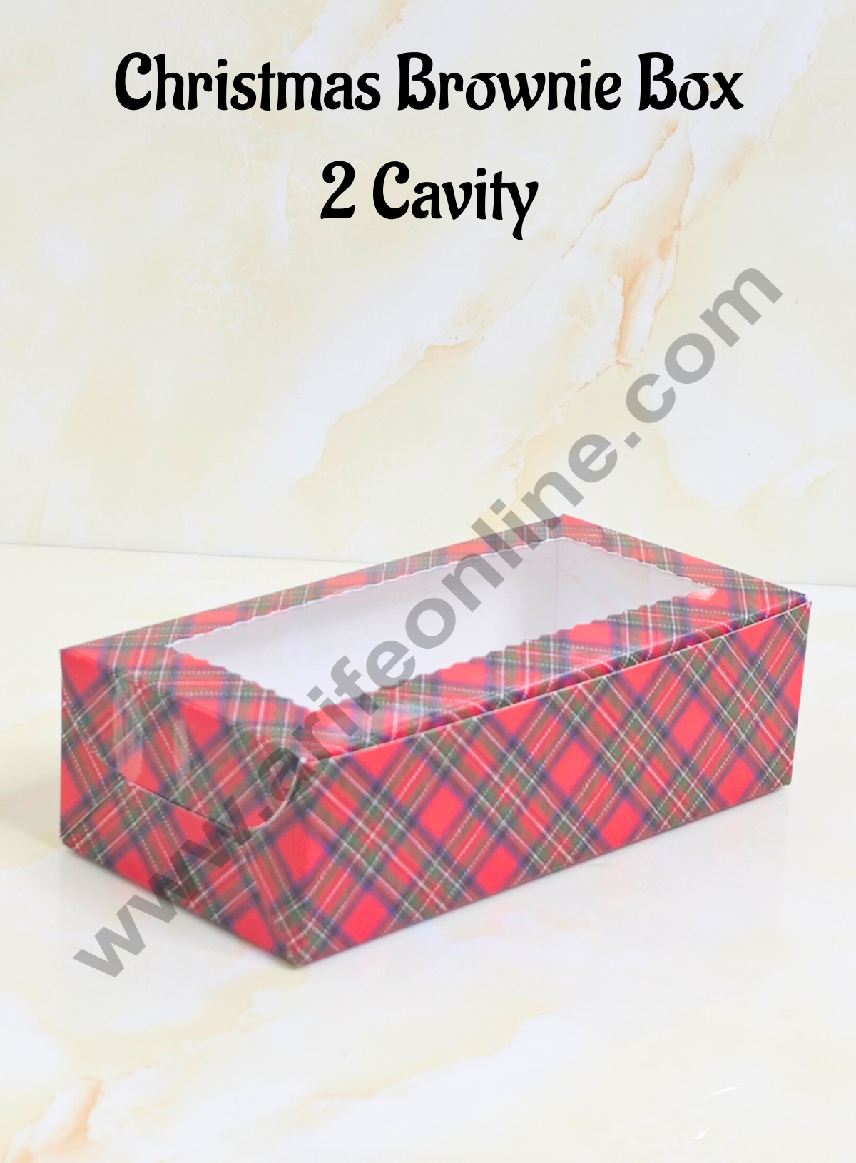 CAKE DECOR™ 2 Cavity Brownie Boxes with Clear Window Christmas Theme - Red & Blue | Brownie Carriers - 10 Pcs Pack