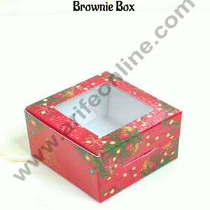 CAKE DECORβ’ Red color Christmas design 1 Cavity Brownie Boxes with Clear Window | Brownie Carriers - 10 Pcs Pack