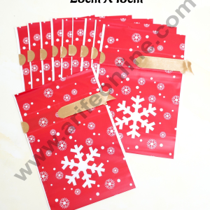 Cake Decor ™ Big Red Color Christmas Theme Cookie pouch Plastic Drawstring Bag Treat With Ribbon | Design - 02 | Pack of 10 | (23cm X 15cm)