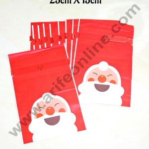 Cake Decor ™ Big Red Color Christmas Theme Cookie pouch Plastic Drawstring Bag Treat With Ribbon | Design - 11 | Pack of 10 | (23cm X 15cm)