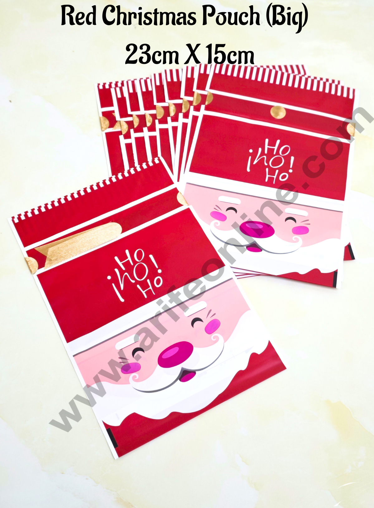 Cake Decor β’ Big Red Color Christmas Theme Cookie pouch Plastic Drawstring Bag Treat With Ribbon | Design - 12 | Pack of 10 | (23cm X 15cm)