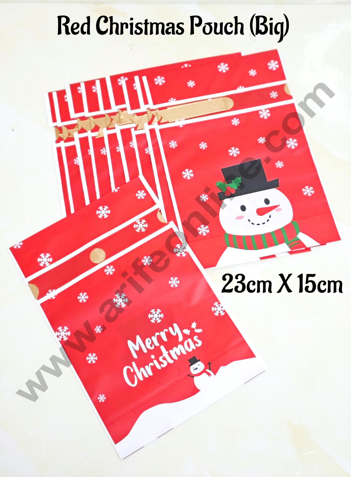 Cake Decor β’ Big Red Color Christmas Theme Cookie pouch Plastic Drawstring Bag Treat With Ribbon | Design - 14 | Pack of 10 | (23cm X 15cm)